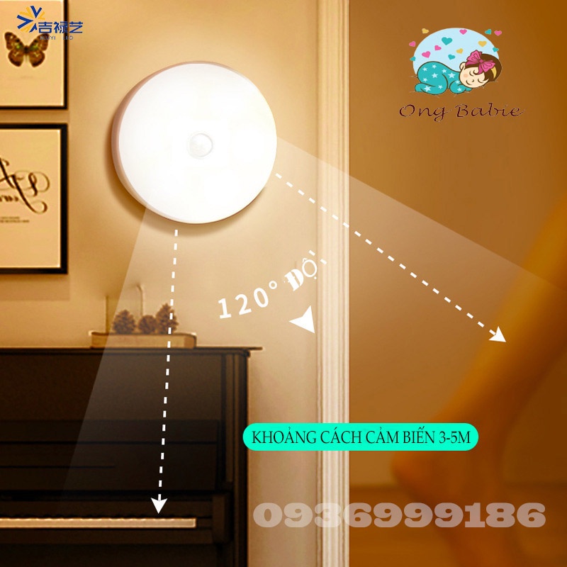 Đèn Cảm Biến, Đèn Led Tròn Cảm Ứng Chuyển Động Dán Tường Sạc USB, Tích Hợp 2 Chế Độ Ánh Sáng (Vàng_Trắng)