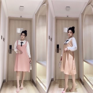 [Hàng cao cấp]Váy bầu thời trang thiết kế cổ nơ chất lụa hàn hàng dày mùa đông💕freesize 45 đến 70kg 🌸