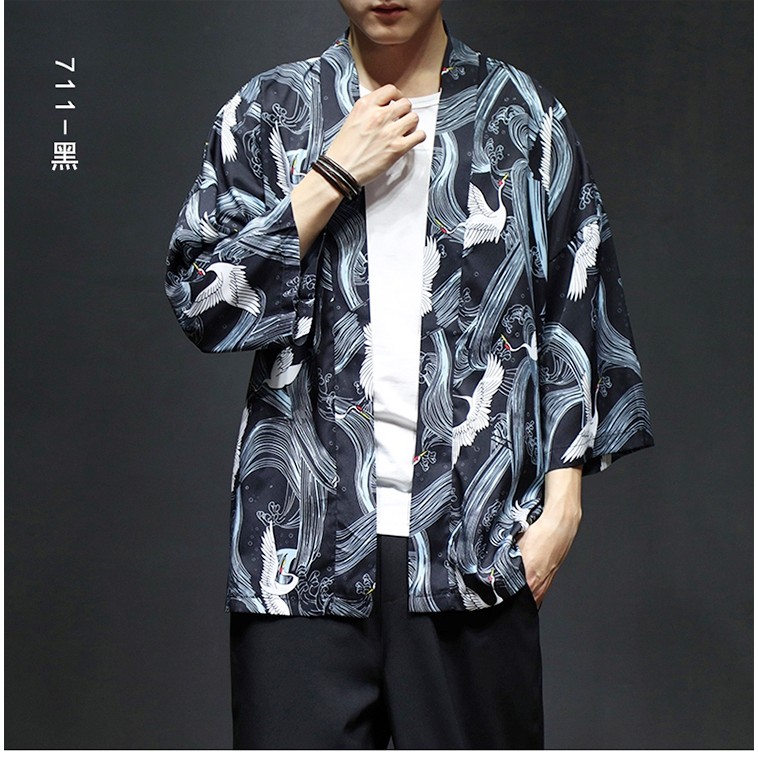 Áo khoác nam nữ Kimono họa tiết chim hạc cá KOI Ryu no Happi  phong cách Nhật Bản Haori Happi anime
