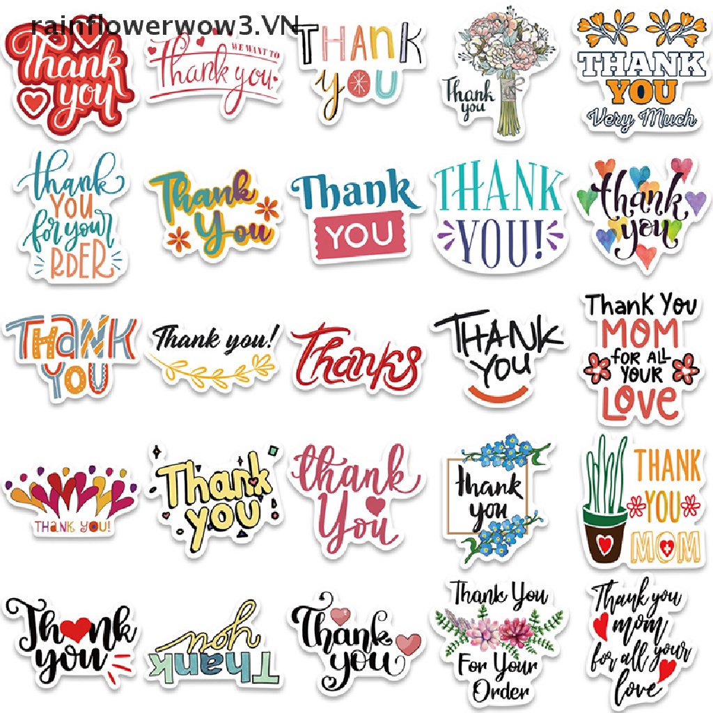 Set 50 Miếng Dán Chống Thấm Nước In Chữ Thank You Trang Trí Sổ Tay / Hành Lý