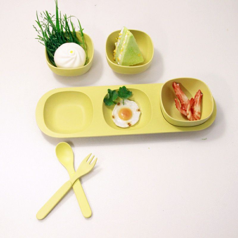 Set khay bát thìa dĩa sợi tre 6 món cho bé ăn dặm, siêu xinh và tiện lợi
