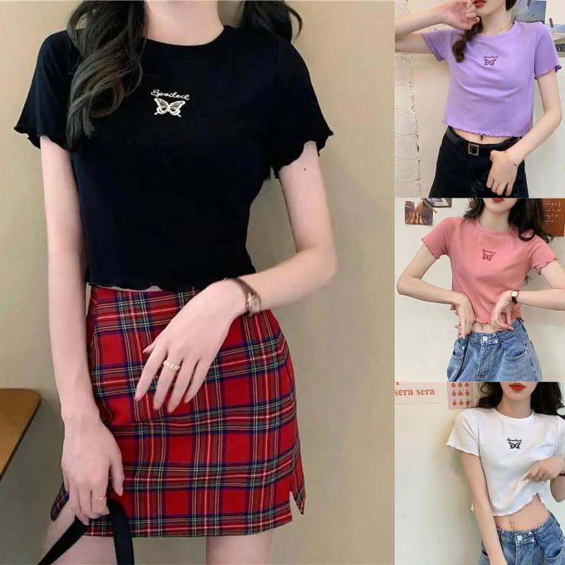Áo Thun Croptop Ngắn Tay Cổ Tròn Thêu Họa Tiết Bướm Dễ Thương Thời Trang Mùa Hè Cho Nữ