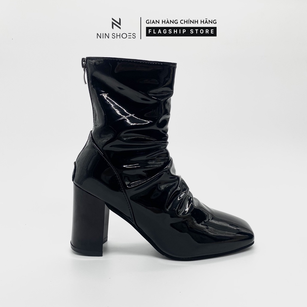 Giày Boot nữ 7p gót vuông chỉ giữa da bóng nhăn kéo khoá sau Ninshoes | BigBuy360 - bigbuy360.vn
