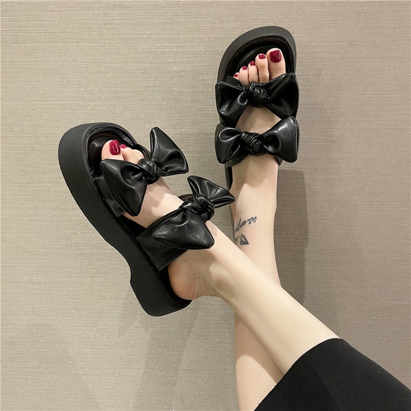 Dép Sandal Đế Dày Đính Nơ Thiết Kế Mới Thời Trang
