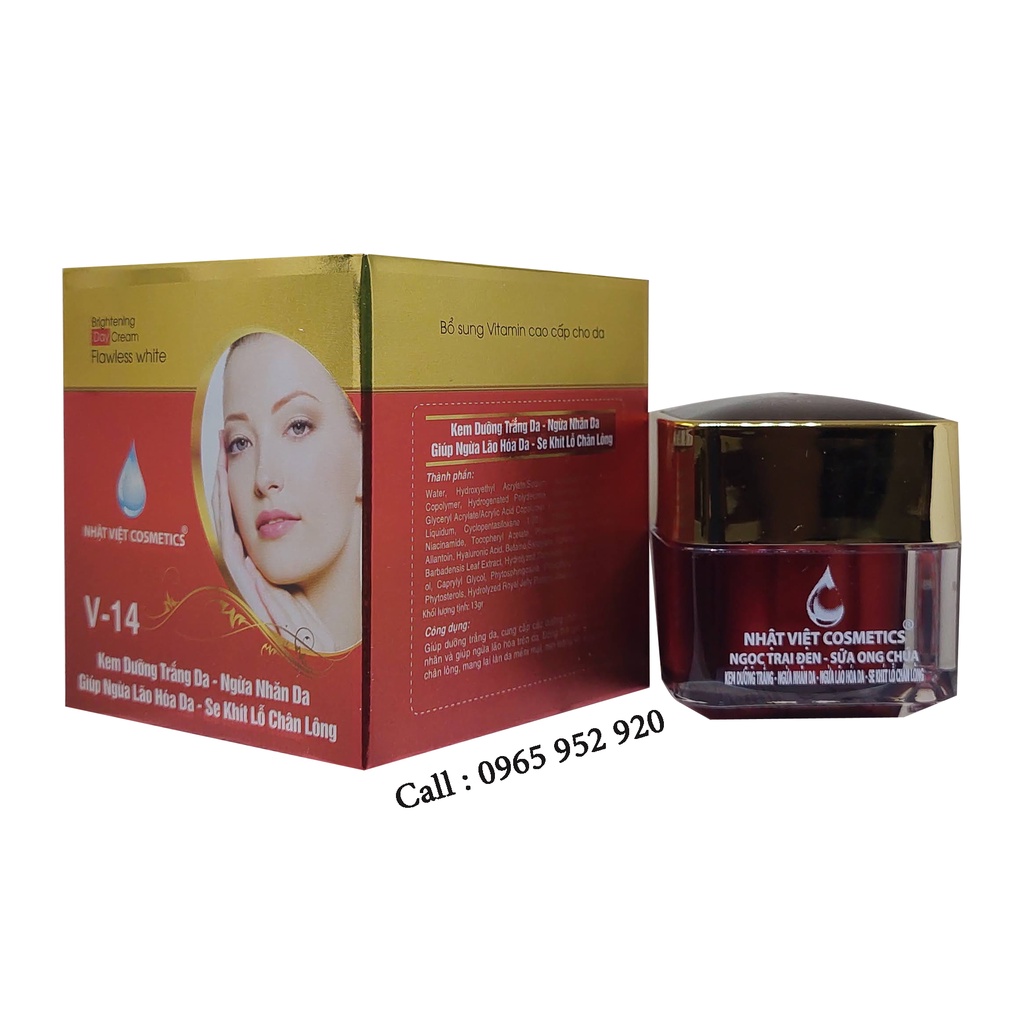 KEM TRẮNG DA NGỪA NHĂN LÃO HÓA SE KHÍT LỖ CHÂN LÔNG NGỌC TRAI ĐEN - SỮA ONG CHÚA V14 NHẬT VIỆT COSMETICS 20g