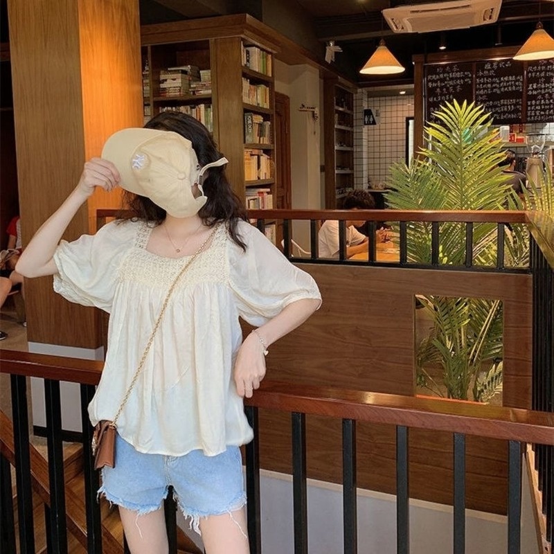 Áo Kiểu Vải Lanh Cotton Cổ Vuông Tay Ngắn Phồng Hở Lưng Thời Trang