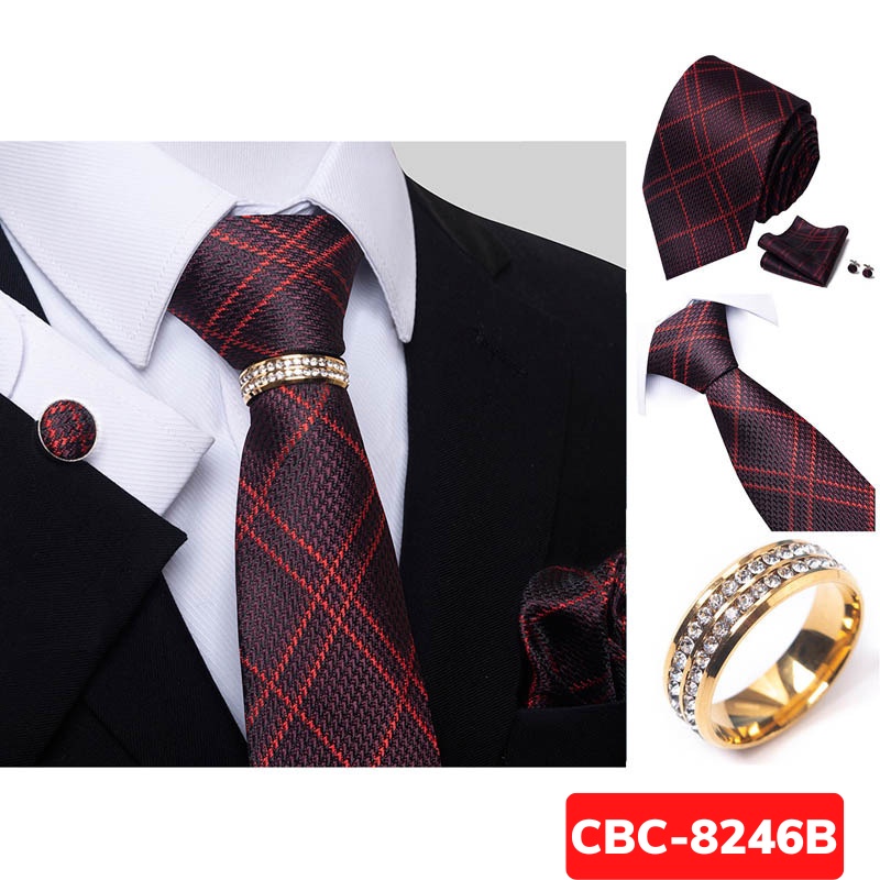 Bộ Cà vạt 4 món gồm Cavat 8cm, khăn cài túi, Măng-set, Nhẫn tròn phụ kiện, Cravat chú rể, Calavat công sở CBC-8246