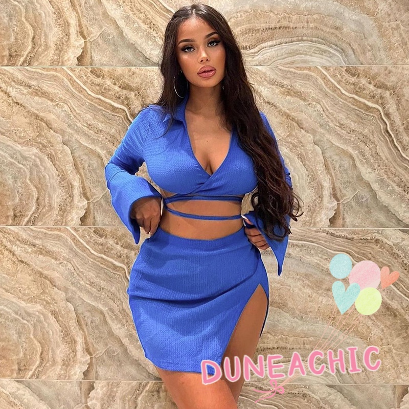 DUNEA Bộ Áo Tay Dài Cổ Chữ V + Chân Váy Lưng Cao Xẻ Tà Xinh Xắn Dành Cho Nữ