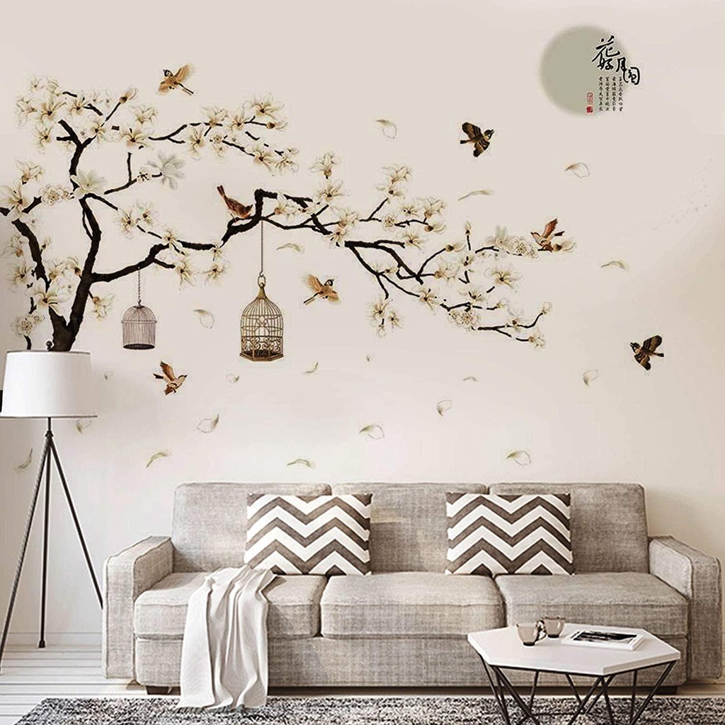 MIQUEL Đề Can Dán Tường Toàn Diện Họa Tiết Hoa Trắng Phong Cách Trung Hoa Trang Trí Nhà Cửa DIY