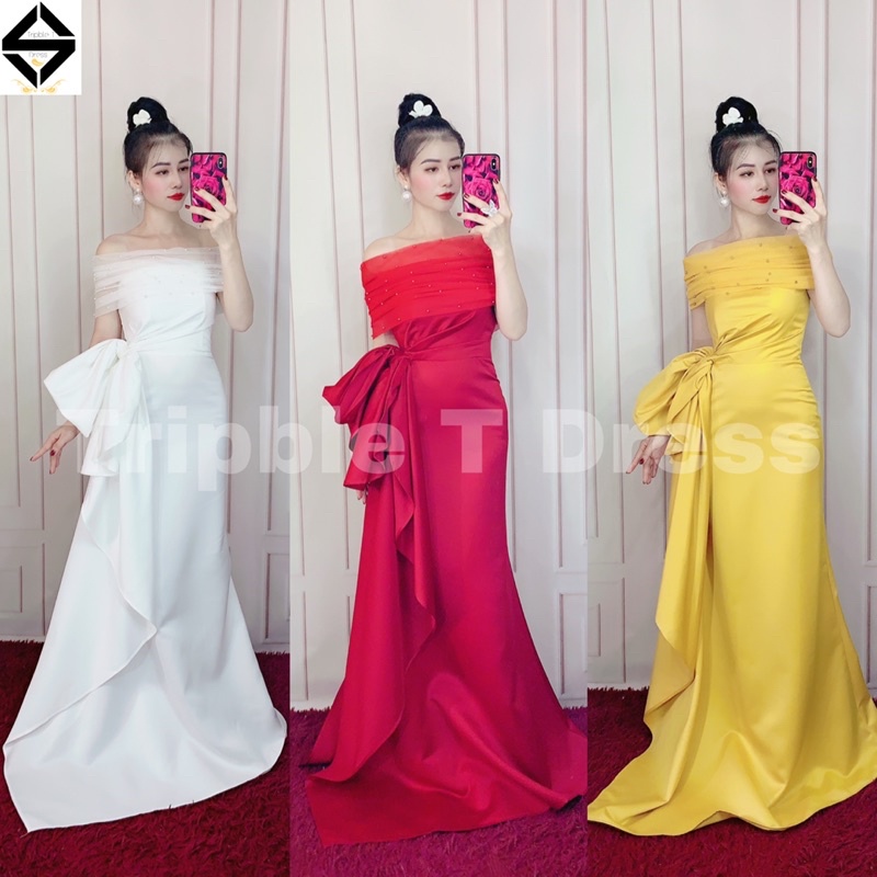Đầm maxi body mặc cưới đi bàn nhẹ nhàng kèm bẹt vai rời TRIPBLE T DRESS - size S/M/L - MS208Y