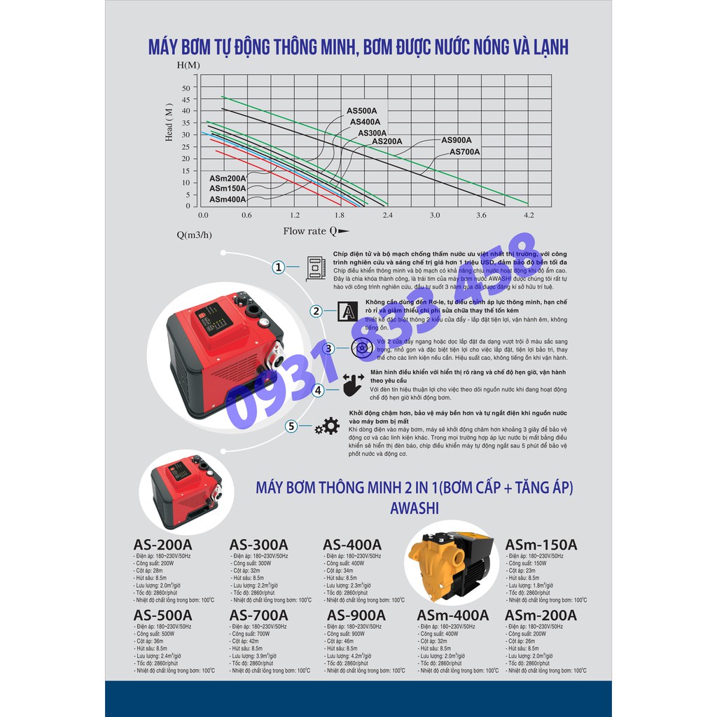 Máy bơm tăng áp điện tử awashi AS 900W Bơm áp siêu êm bảo hành 3 năm