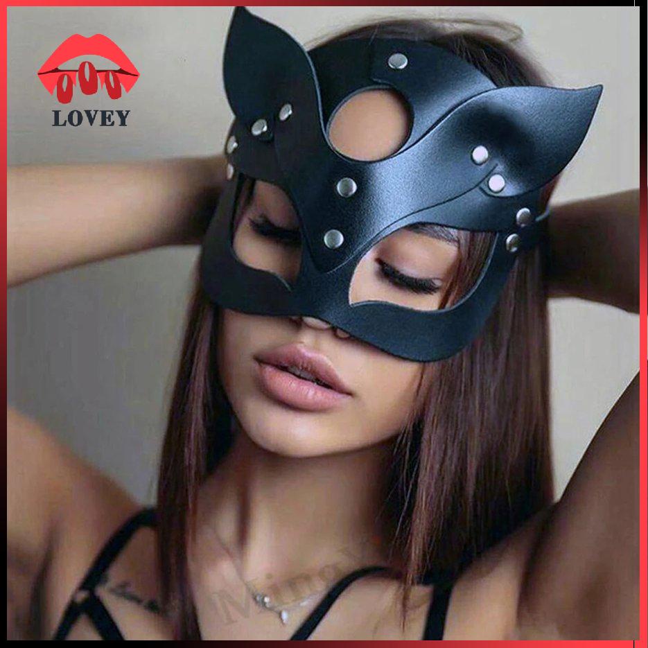 Mặt nạ che nửa mặt hóa trang Halloween hình mèo làm từ da độc đáo