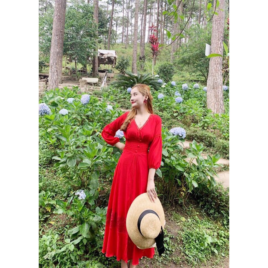 Đầm váy maxi nữ đỏ phối ren sẻ tà công chúa tiểu thư dáng dài đi biển chụp hình kỉ yếu nàng thơ cá tính xinh đẹp Hà Kiều