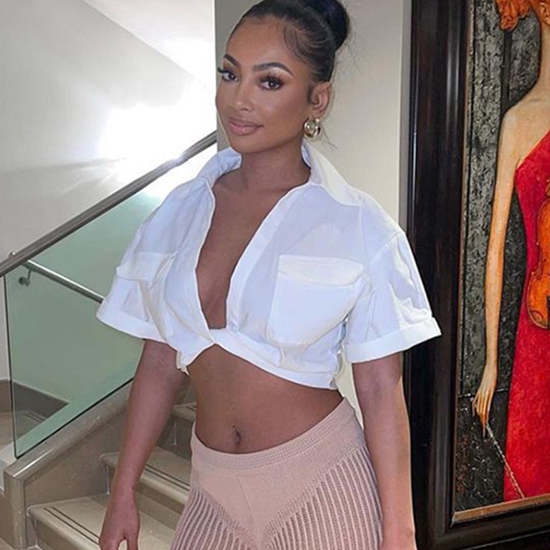 Áo Thun Tay Ngắn Cổ Chữ V Khoét Sâu Có Túi Quyến Rũ Màu Trắng Trơn Dễ Phối Đồ Cho Nữ