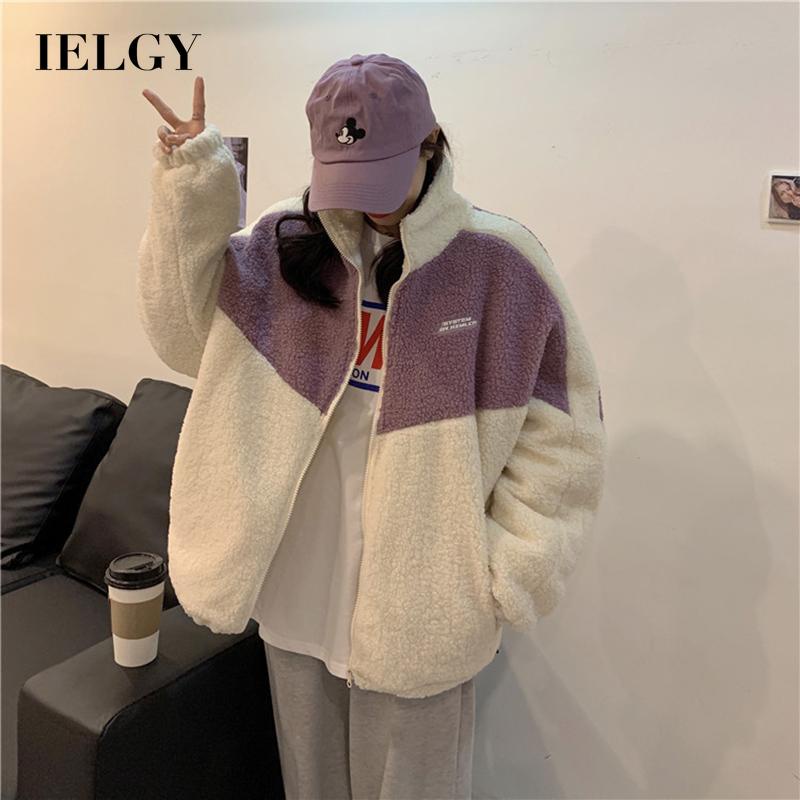 Áo khoác giả lông cừu dáng rộng phối khóa kéo màu tương phản phong cách Hàn Quốc cho nữ