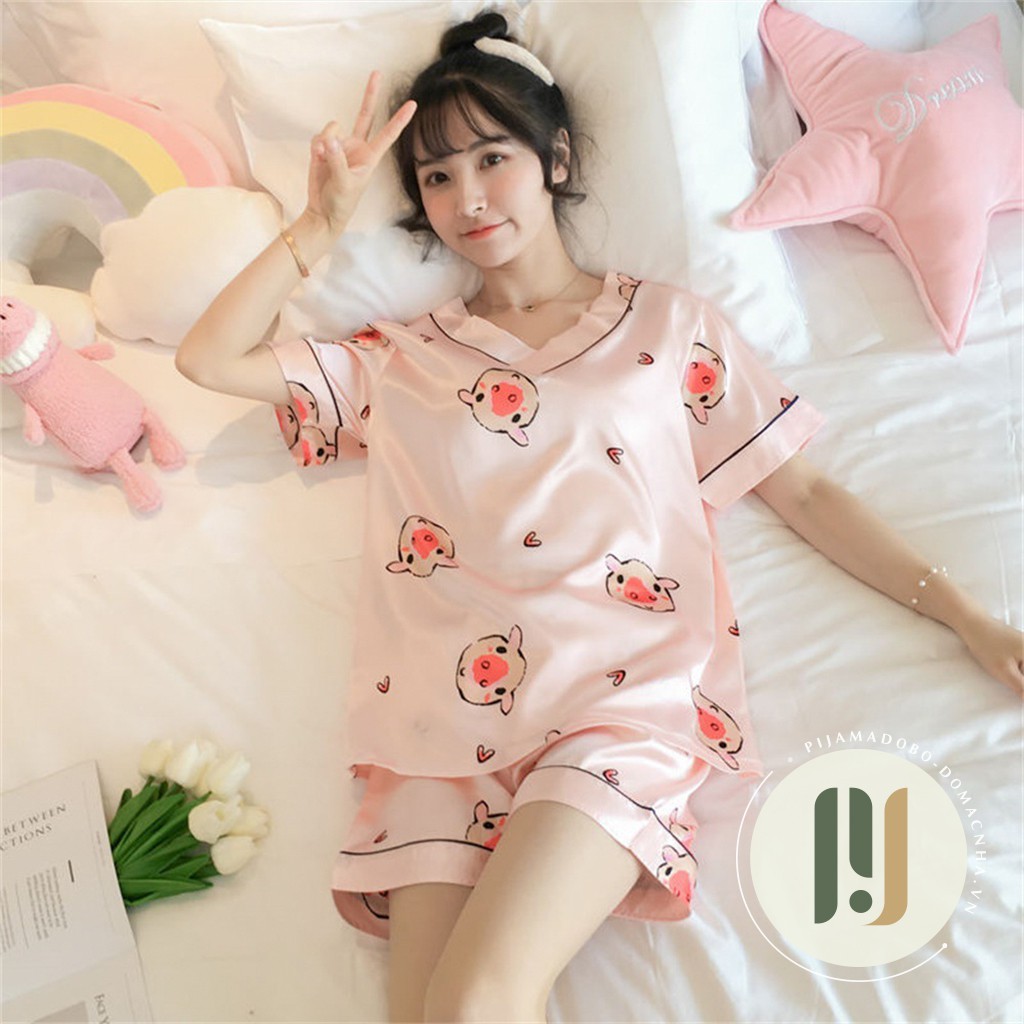 Đồ bộ pijama, bộ lụa cộc đùi cổ chữ V hoạ tiết hoạt hình | BigBuy360 - bigbuy360.vn