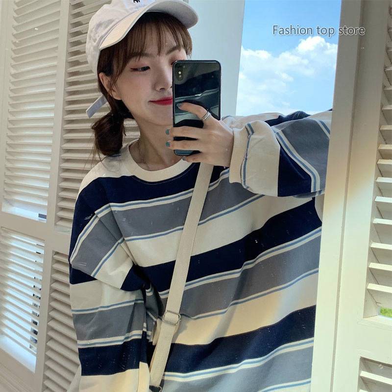 Áo Thun Nữ Tay Dài Kẻ Sọc Ngang Phối Màu Thời Trang