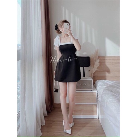 ĐẦM CHỮ A DÁNG XÒE ĐI CHƠI TIỆC SIÊU ĐẸP VỚI THIẾT KẾ 2 DÂY CỘT NƠ, TÀ XÒE CÓ MÚT, CHẤT VẢI XỐP CAO CẤP