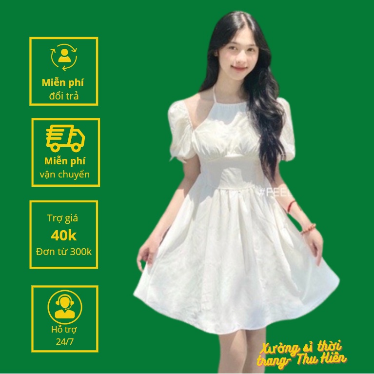 Váy cổ yếm nữ trễ vai tay bồng dáng xoè tiểu thư siêu xinh 2 màu đen trắng