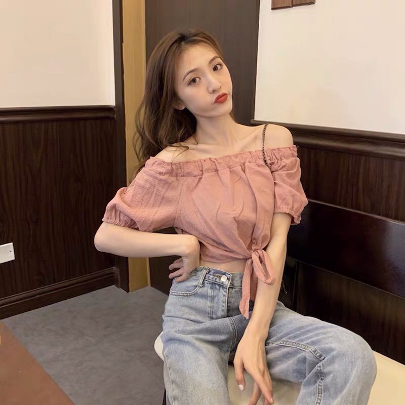 Áo voan croptop trễ vai thắt nơ bụng cá tính TTSA0337