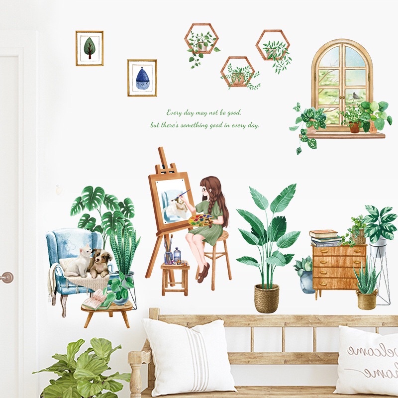 Decal dán tường cô gái vẽ tranh bên chú mèo và chậu cây