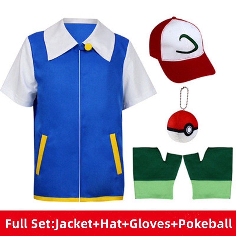 Bộ Áo Khoác + Găng Tay + Nón Hóa Trang Pokemon Ash Ketchum Cho Người Lớn Và Trẻ Em
