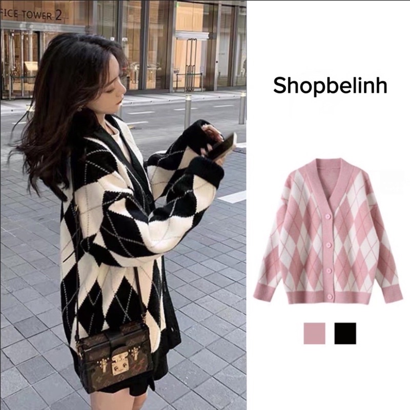 [Có sẵn] Áo cadigan oversize hoạ tiết kim cương, áo khoác len cardigan dáng rộng họa tiết thổ cẩm cho nữ - shopbelinh