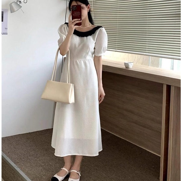 [ORDER] Đầm Trắng Phối Đen Cổ Thuyền Khoét Lưng Dáng Dài CHIC Hàn Quốc VD100 ICC Official Store