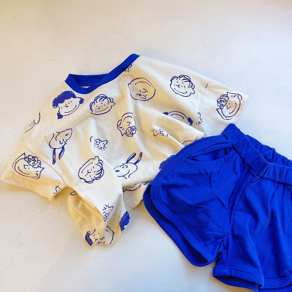 Set Áo Thun Cotton + Quần Lửng In Họa Tiết Hoạt Hình Phong Cách Hàn Quốc Thời Trang Mùa Hè Cho Bé