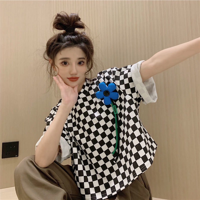 Áo Thun Tay Ngắn Họa Tiết Ô Vuông Thời Trang Hàn Quốc
