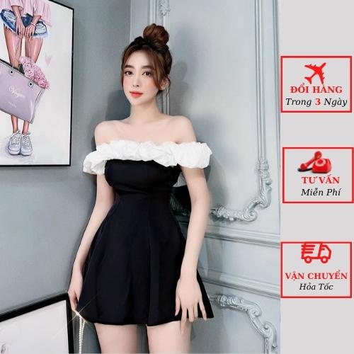 Váy trễ vai nữ viền bèo đen trắng tiểu thư bánh bèo đi tiệc cưới ulzzang Hàn Quốc