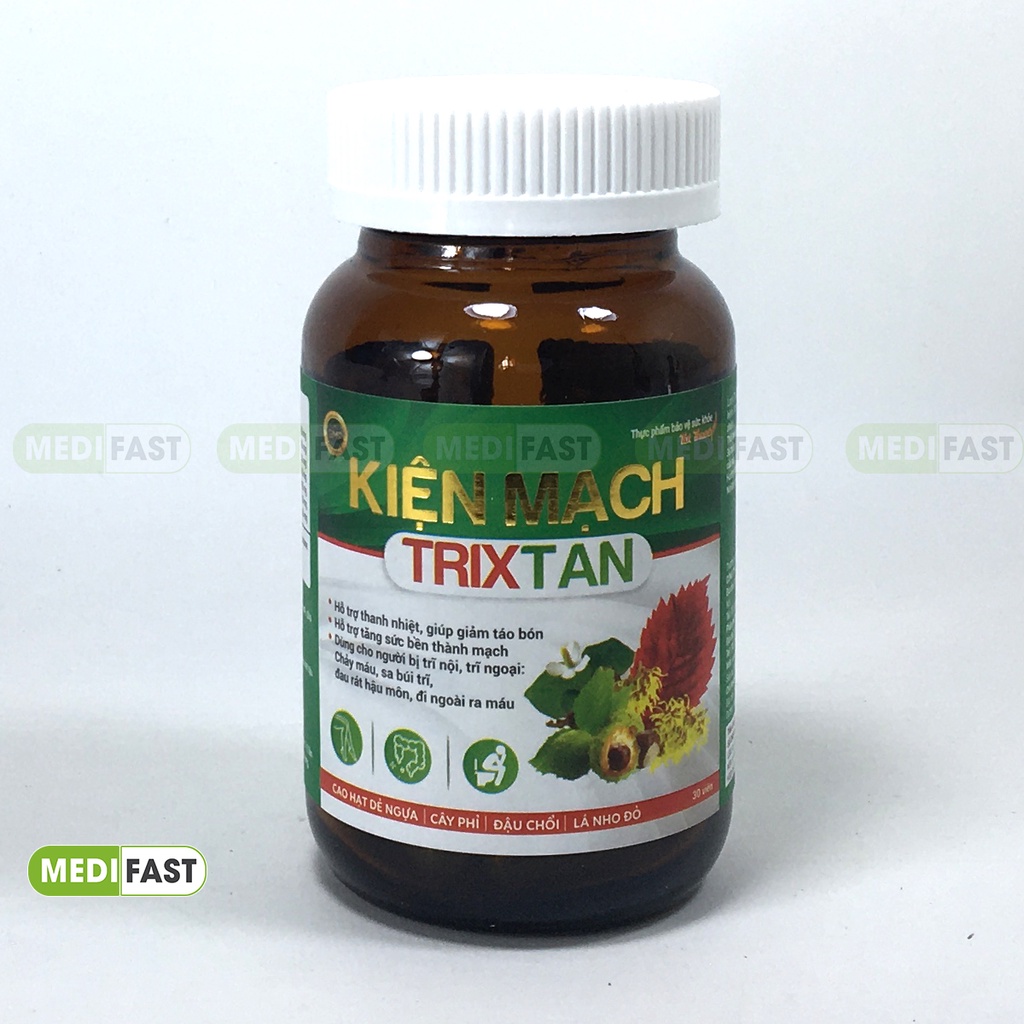 Hỗ trợ giảm trĩ nội ngoại có biểu hiện chảy máu, táo bón - Kiện Mạch Trixtan Hộp 30 viên thanh nhiệt, bền thành mạch