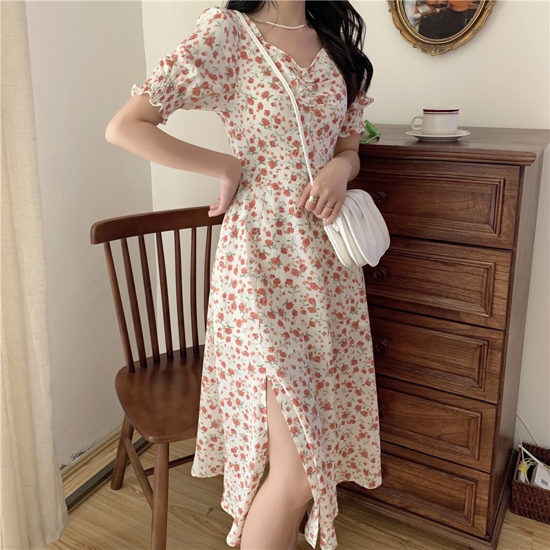 Đầm Hoa Tay Phồng Plus Size Xẻ Tà Thời Trang Mùa Hè Hàn Quốc Cho Nữ