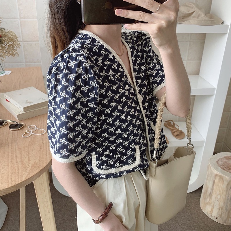 Áo kiểu ngắn tay thiết kế khuy gài xinh xắn thời trang phong cách Hàn Quốc cho nữ