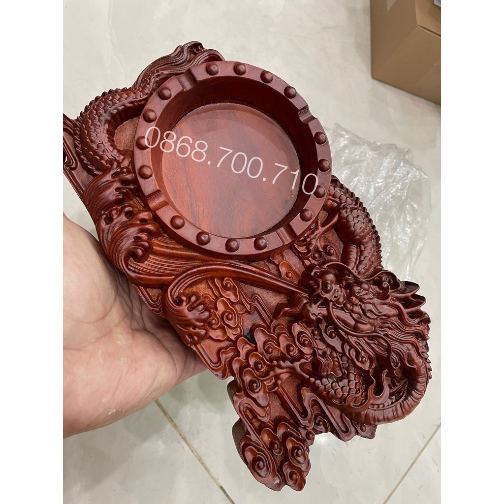 Gạt Tàn thuốc Gỗ Hương Nguyên Khối Khắc Rồng Lửa Siêu Dầy 4 Cm SiZe To Nhất