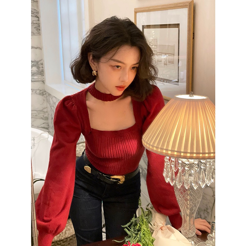 QKOOLE  Áo dệt kim cổ vuông màu đỏ/ đen phong cách Hàn Quốc thời trang cá tính cho nữ