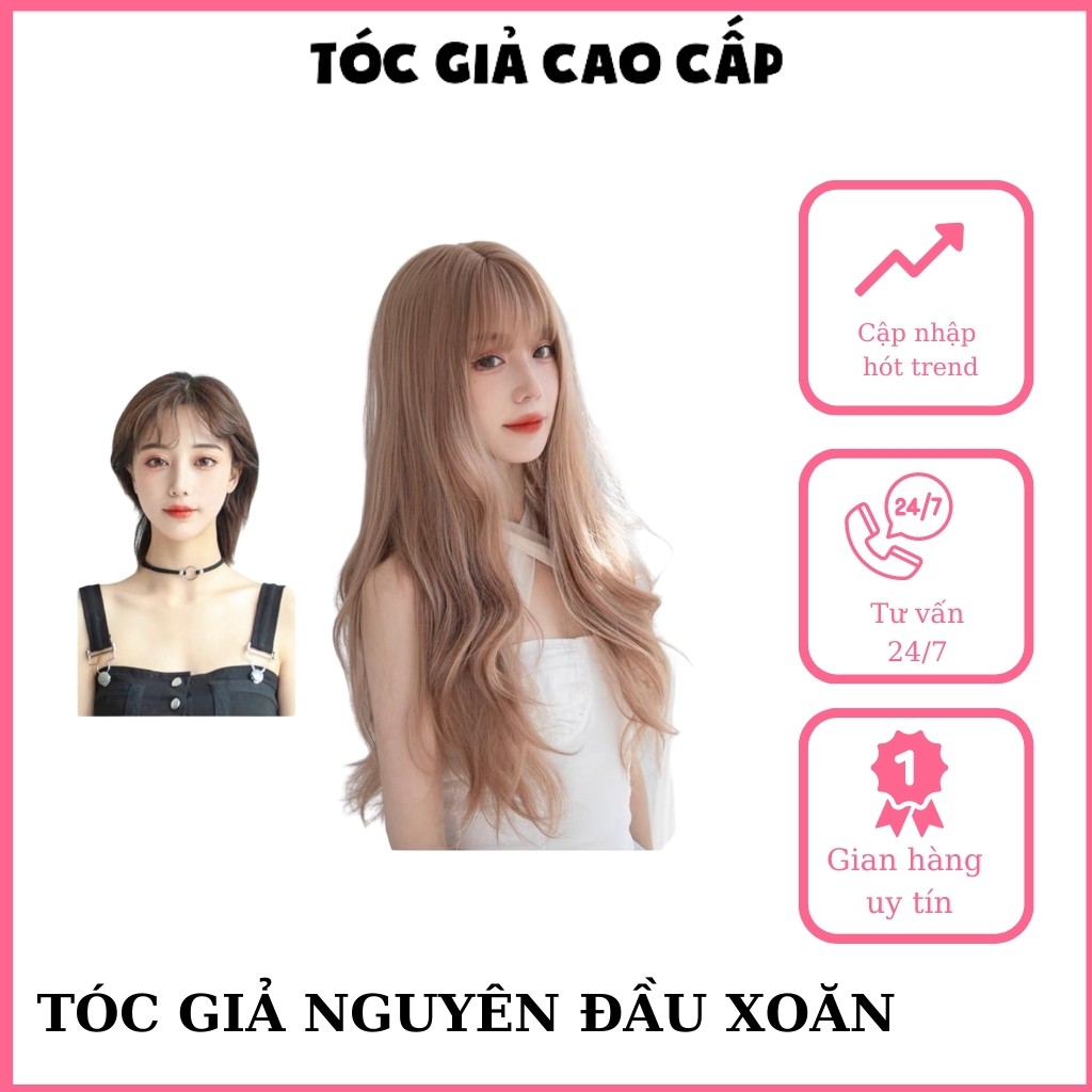 Tóc giả nữ nguyên đầu màu vàng tây, xoăn dài 60cm, c8136, tặng kèm lưới trùm.