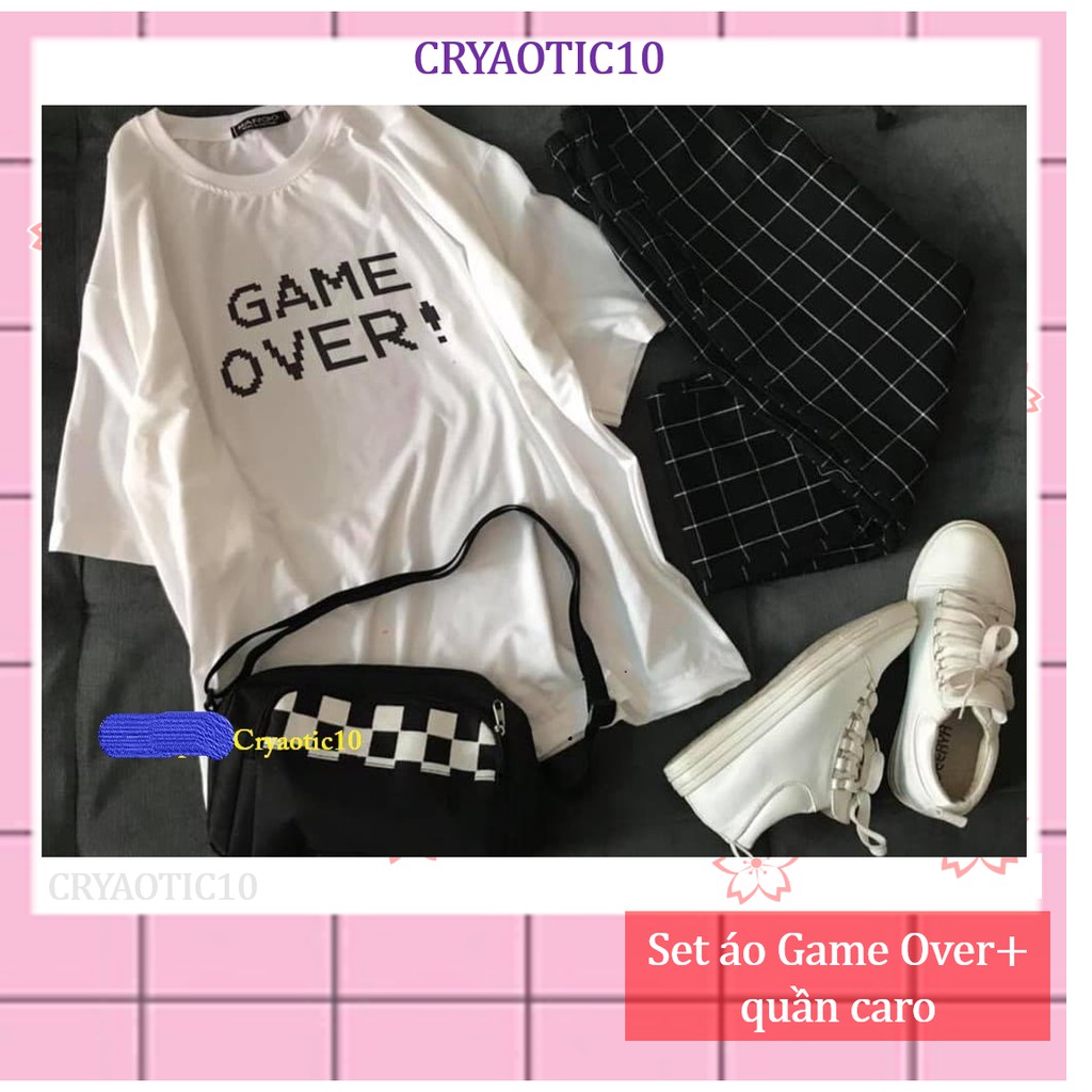 [COMBO TIẾT KIỆM] Set 1 áo tay lửng Game Over + 1 quần caro đen unisex