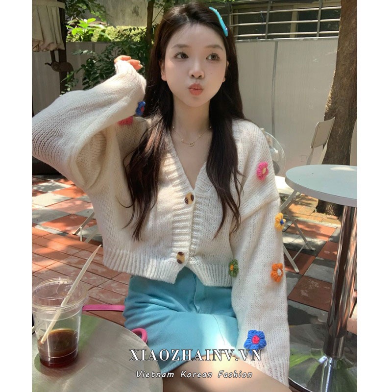 DUNEA Áo Khoác Cardigan Dệt Kim Cổ Chữ V In Họa Tiết Hoa Phong Cách Hàn Quốc DUNEA0901
