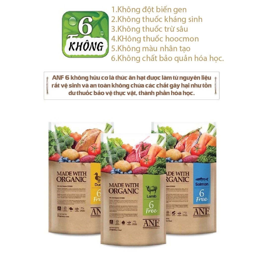 [6kg] Thức ăn hạt cho chó lớn hơn 6 tháng tuổi ANF 6 Free Organic vị Cá Hồi