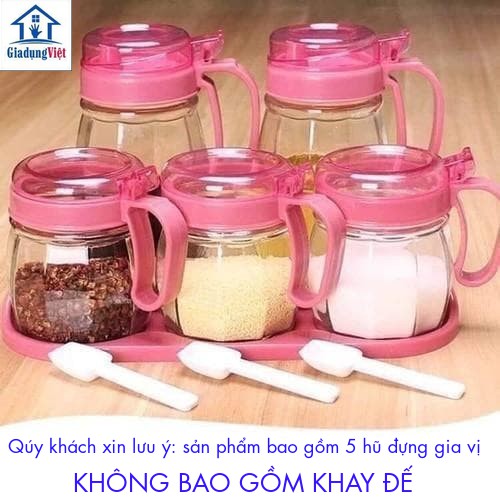 BỘ 5 LỌ HŨ ĐỰNG GIA VỊ THUỶ TINH NẮP HỒNG