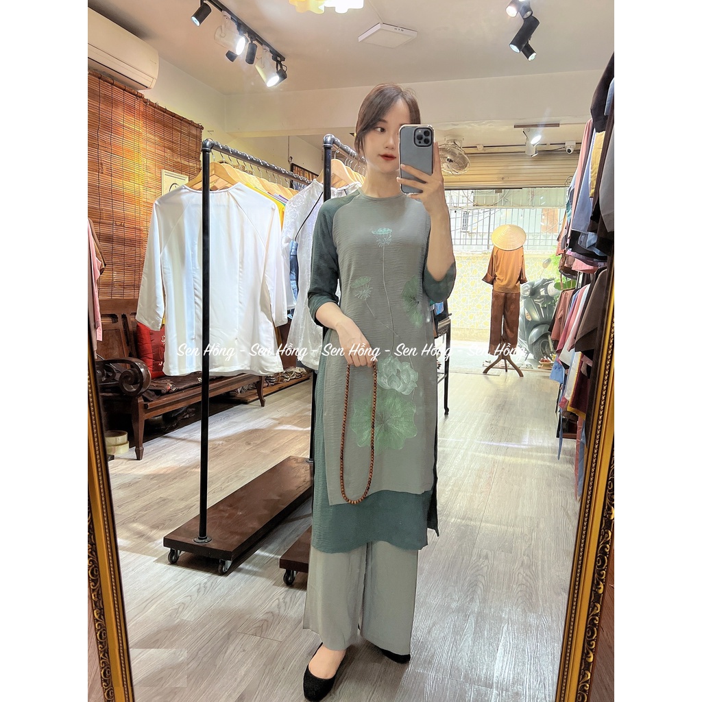 Set áo dài đi chùa cách tân 4 tà vải lụa tuyết dày dặn, thêu hoa sen dây - áo dài Phật tử chính Hãng Sen Hồng AD4