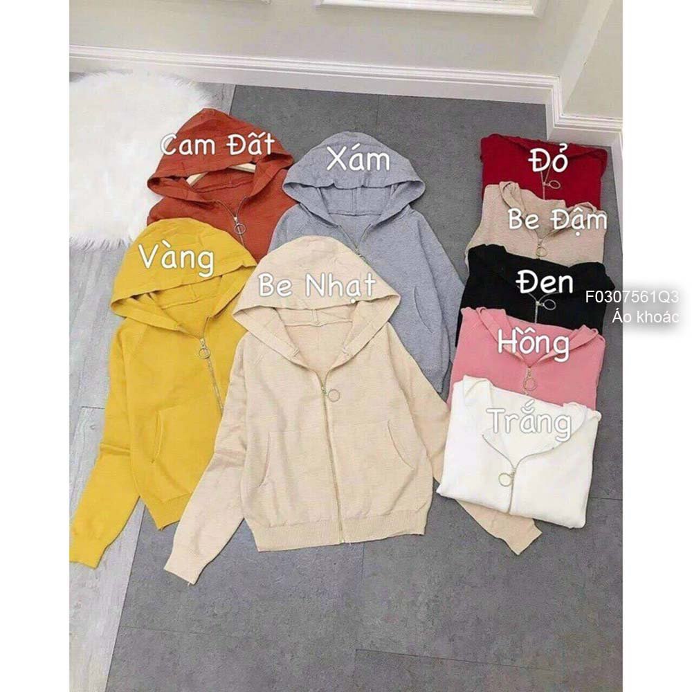Áo khoác len dệt kim có nón kéo khóa đắp túi trước tay dài hàng đẹp QC!