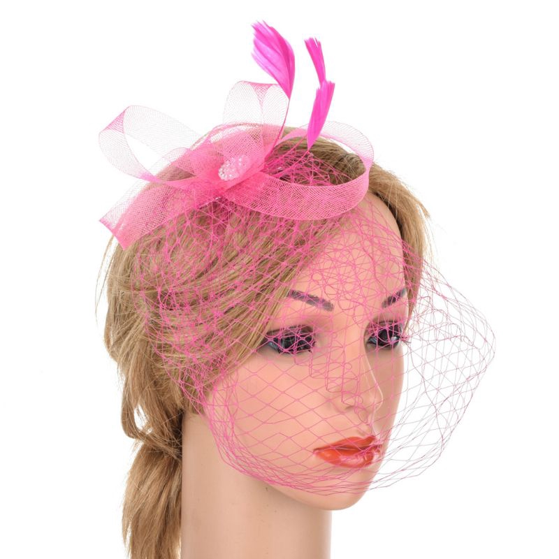 Băng đô cài tóc phối lưới che mặt đính kim cương và lông vũ