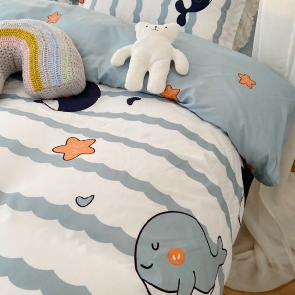 Bộ chăn ga gối cotton poly Cá Heo Xanh