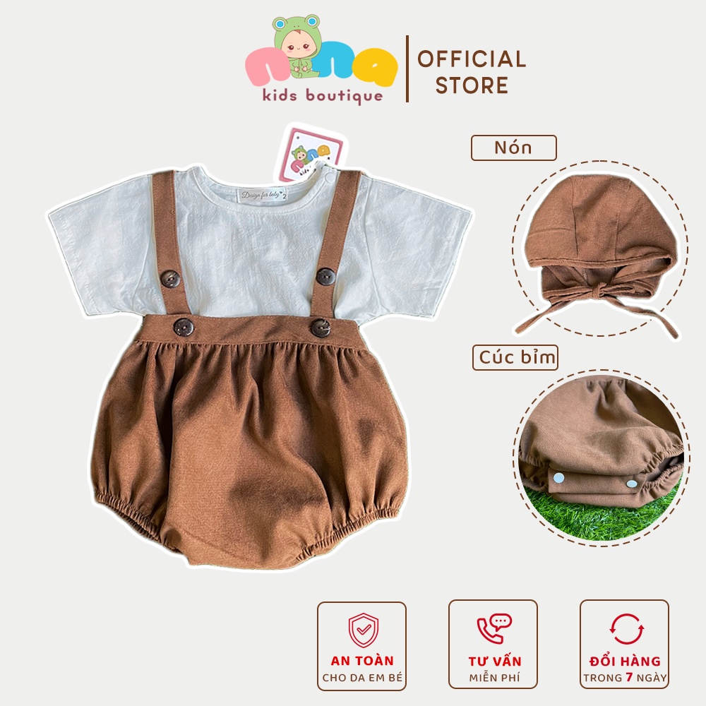 Body cho bé trai, bé gái Nina Kids Boutique Body yếm em bé sơ sinh Size 0m 24m Màu nâu phối áo trắng Kèm mũ và áo rời