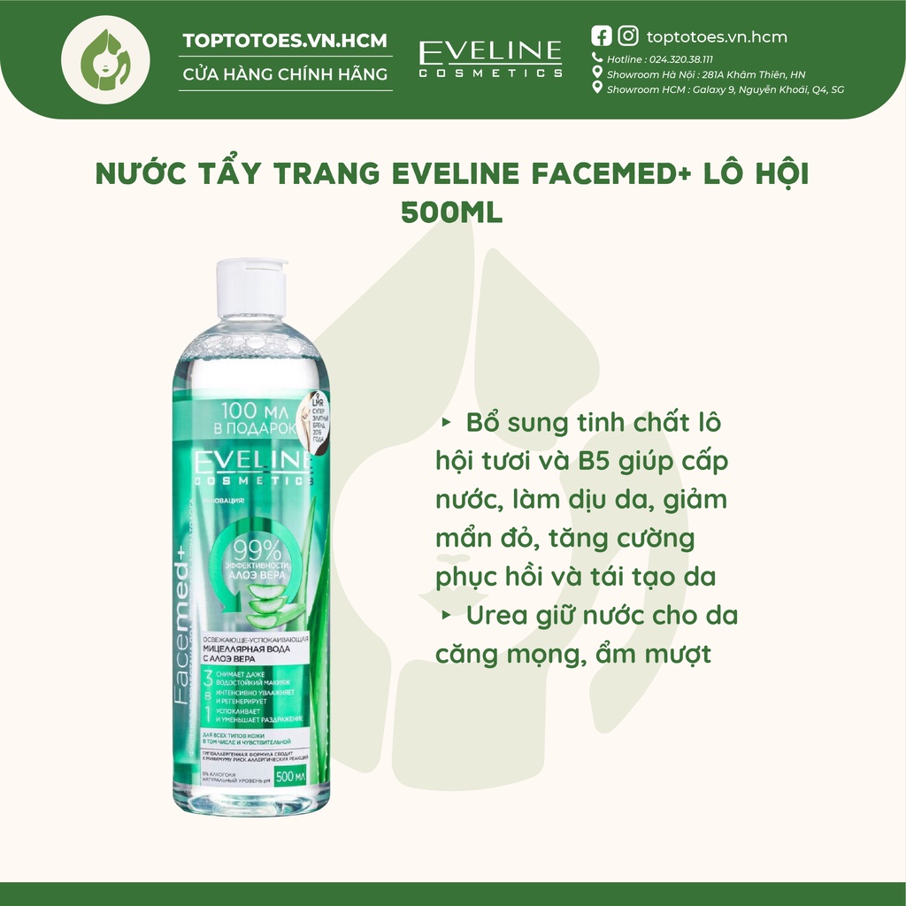 Nước tẩy trang Eveline Lô hội làm sạch hiệu quả, giữ ẩm cho da nhạy cảm