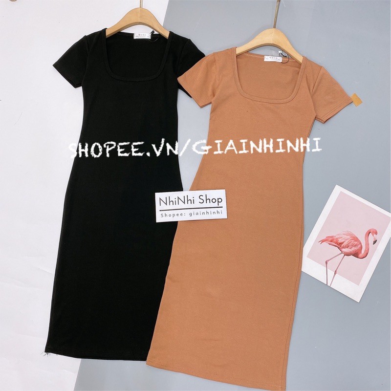 Váy body cổ U dáng qua gối, Đầm ôm ngắn tay cổ vuông VS1601 - NhiNhi Shop