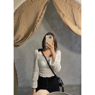 JANET STUDIO • Áo cổ vuông 3 thun eo trắng
