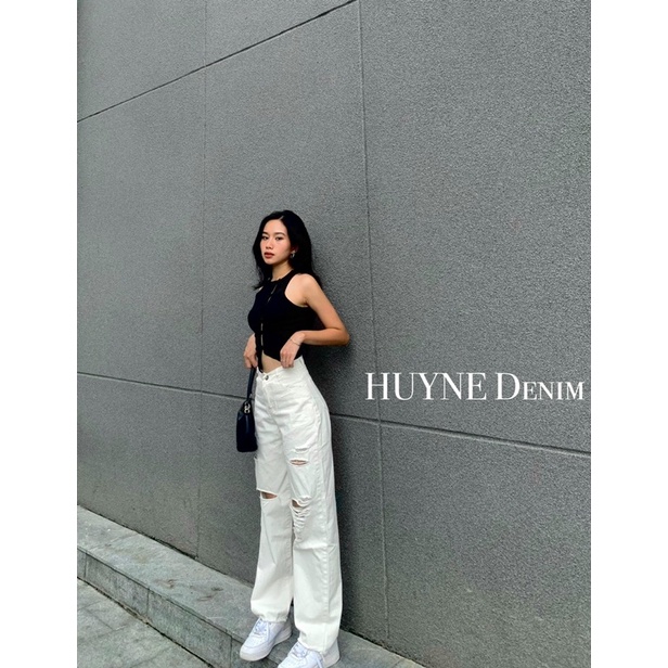 Quần kaki jean ống rộng màu trắng kiểu rách cá tính - quần bò hot trend  HUYNE Denim